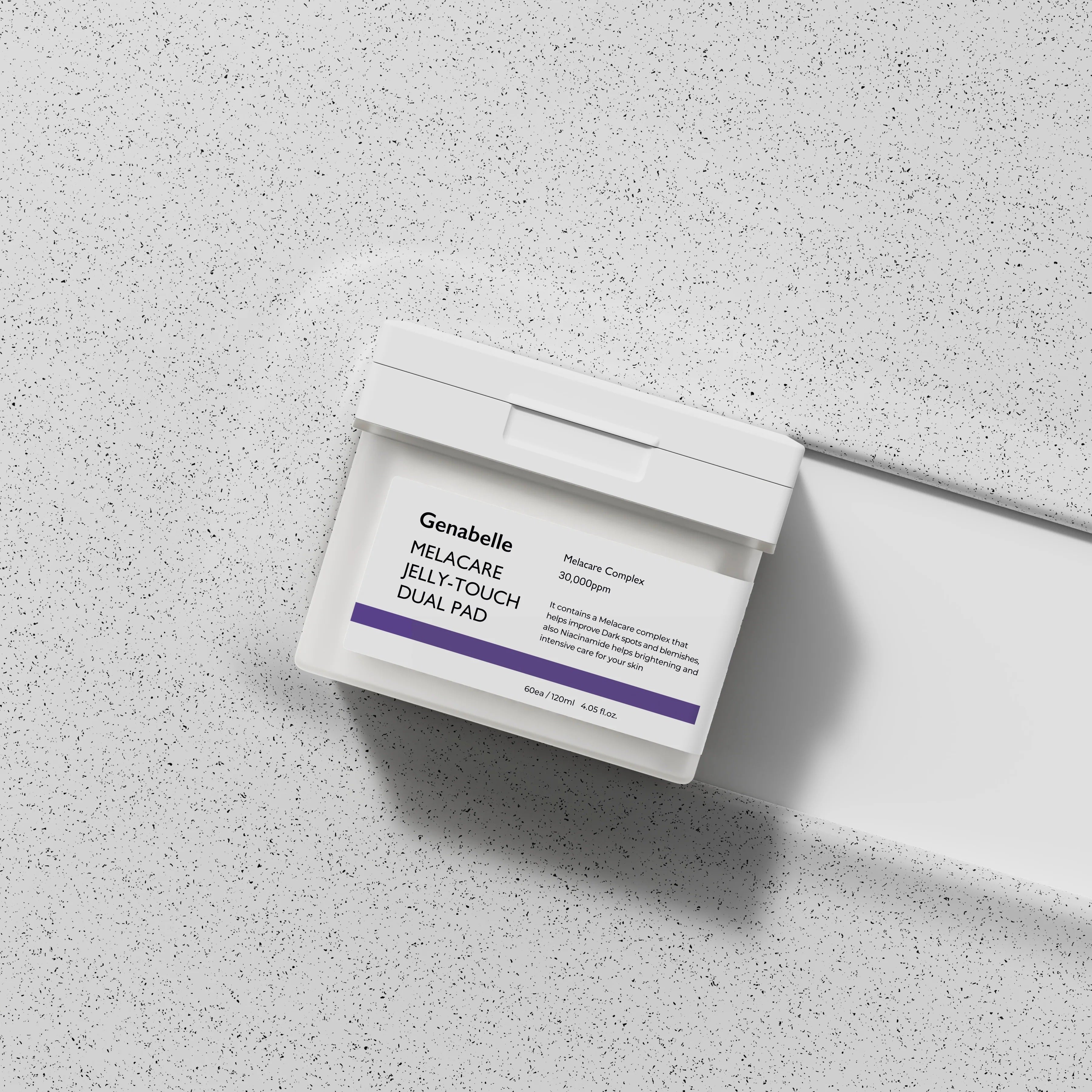 GENABELLE Melacar Jelly Touch Dual Pad 60ea skincare product on speckled surface in white container.