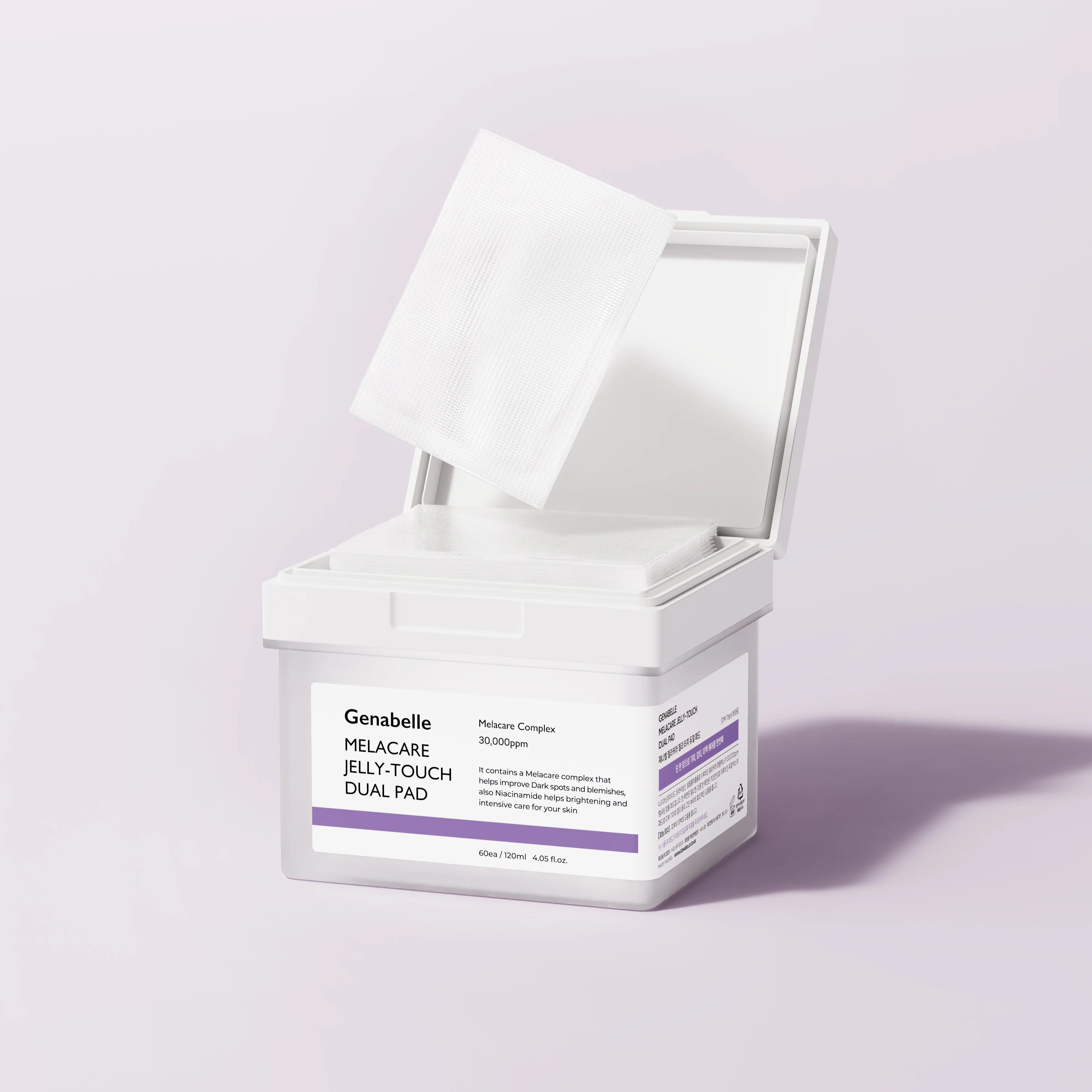 GENABELLE Melacar Jelly Touch Dual Pad 60ea in an open container showing texture and design of the skincare product, promoting beauty care essentials.