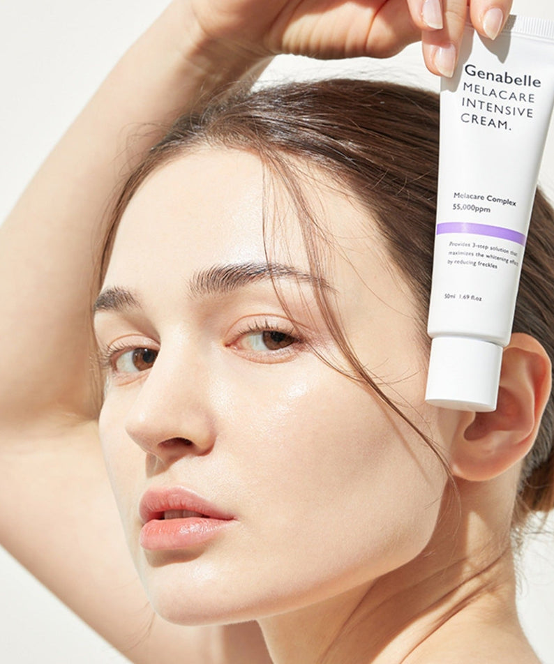 Woman holding GENABELLE Melacare Intensive Cream 50ml next to her face, showcasing product packaging and skincare benefits.