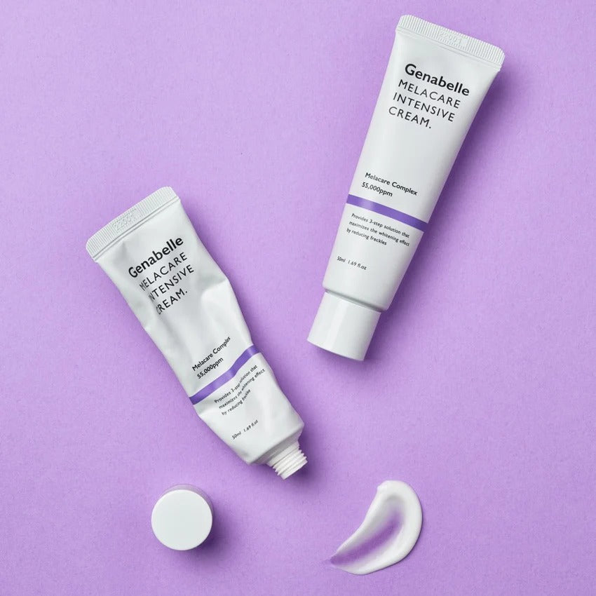 GENABELLE Melacare Intensive Cream 50ml tubes on a purple background with cream swatch