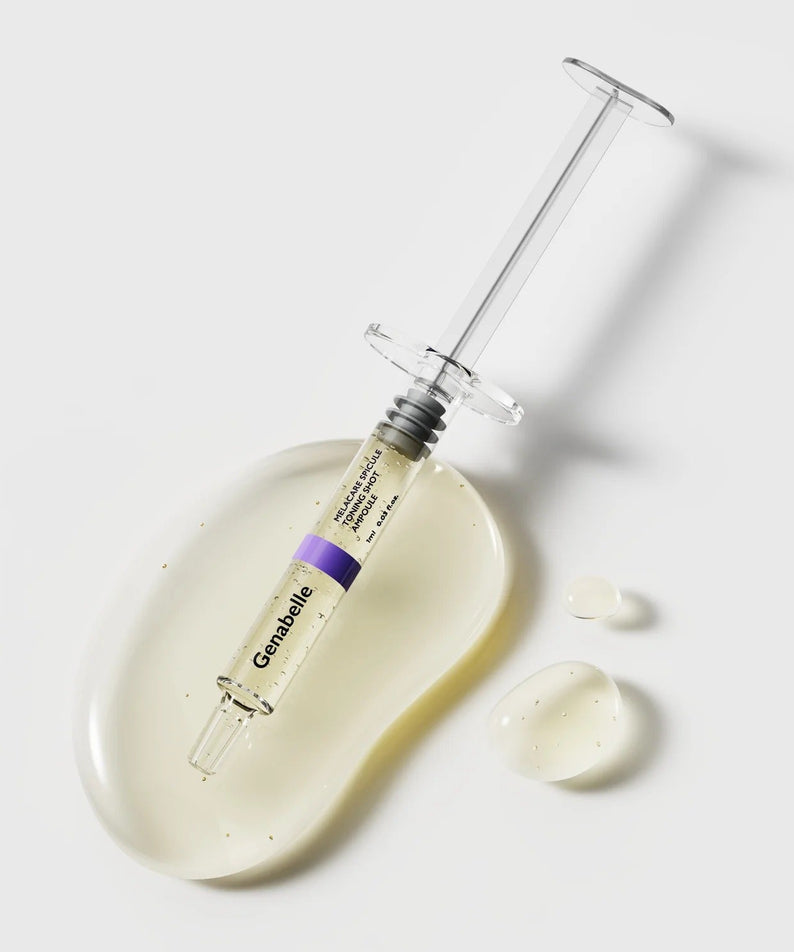 GENABELLE Melacare Spicule Toning Shot Ampoule 3ea on white background with liquid drops
