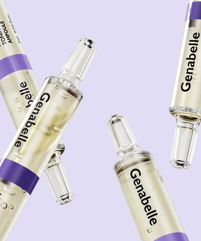 GENABELLE Melacare Spicule Toning Shot Ampoule 3ea product image with clear ampoules on a light purple background.