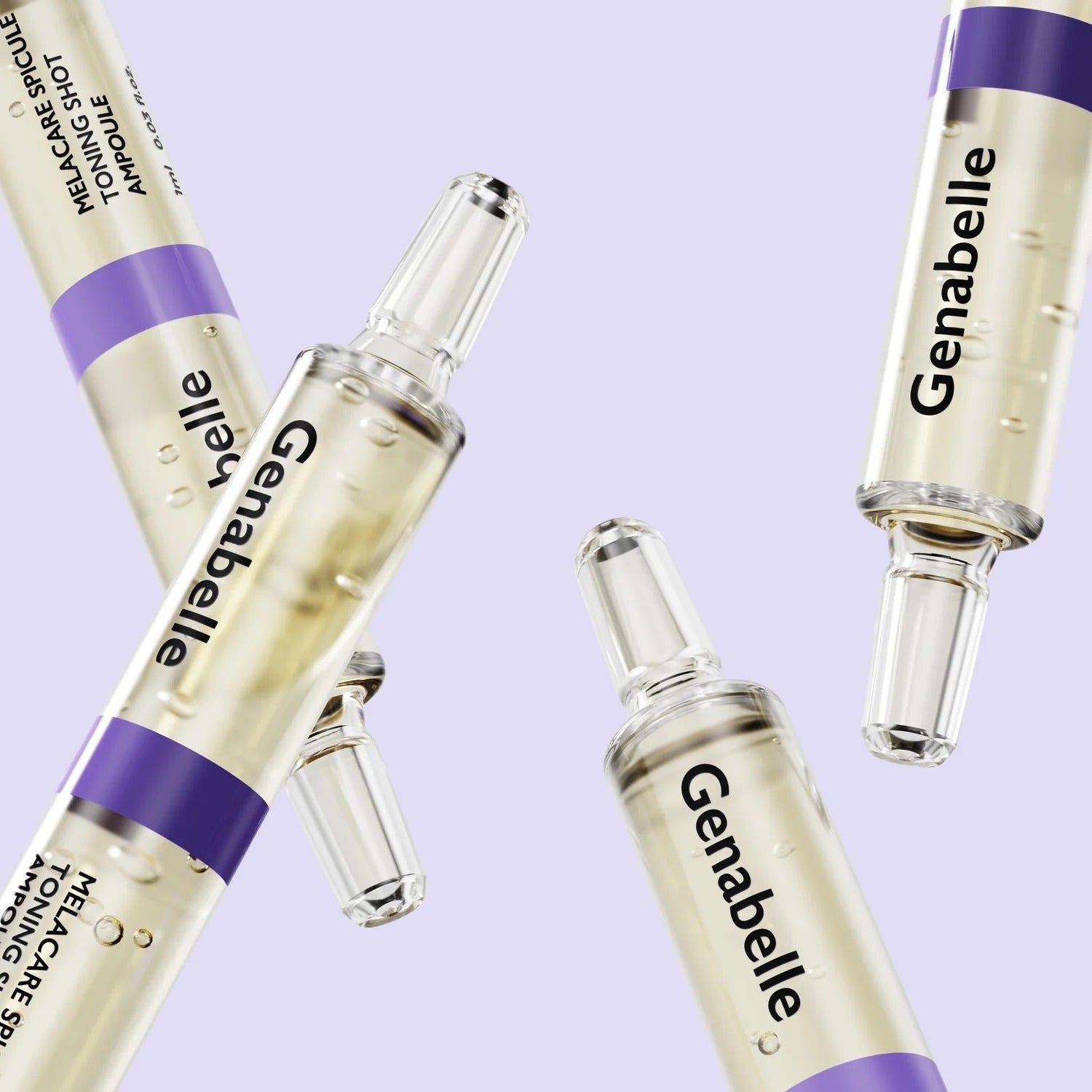 GENABELLE Melacare Spicule Toning Shot Ampoule 3ea product image with clear ampoules on a light purple background.