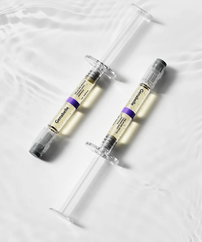 GENABELLE Melacare Spicule Toning Shot Ampoule 3ea displayed on a rippled water surface.