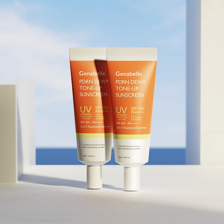 GENABELLE PDRN Dewy Tone-up Sunscreen 40ml tubes by the sea, SPF 50+ protection, brightening skincare.