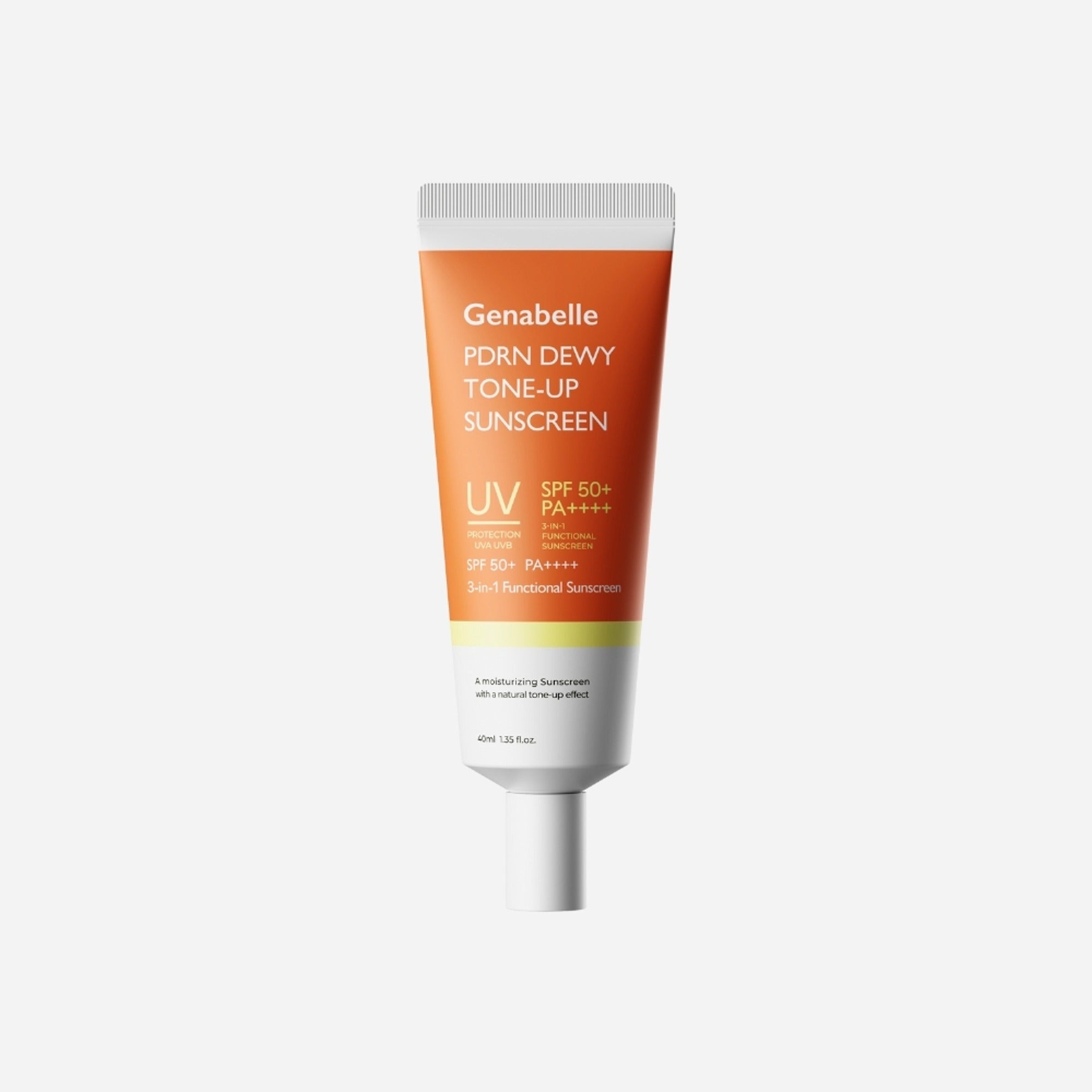 GENABELLE PDRN Dewy Tone-up Sunscreen 40ml tube front view with orange and white packaging, SPF 50+ PA++++ featured prominently.