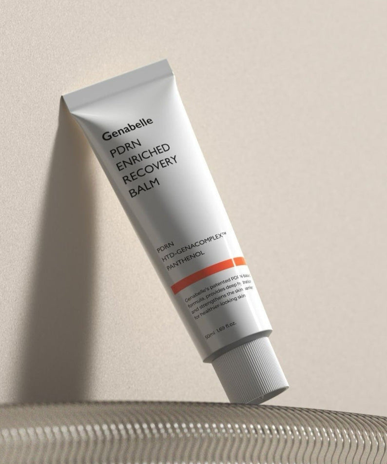 GENABELLE PDRN Enriched Recovery Balm 50ml tube on a textured surface, featuring nourishing skincare benefits and healing properties.