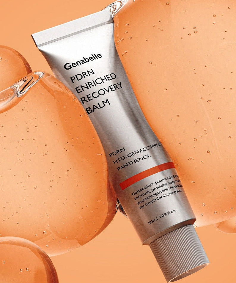 GENABELLE PDRN Enriched Recovery Balm 50ml with orange background and bubbles, showcasing the product packaging.