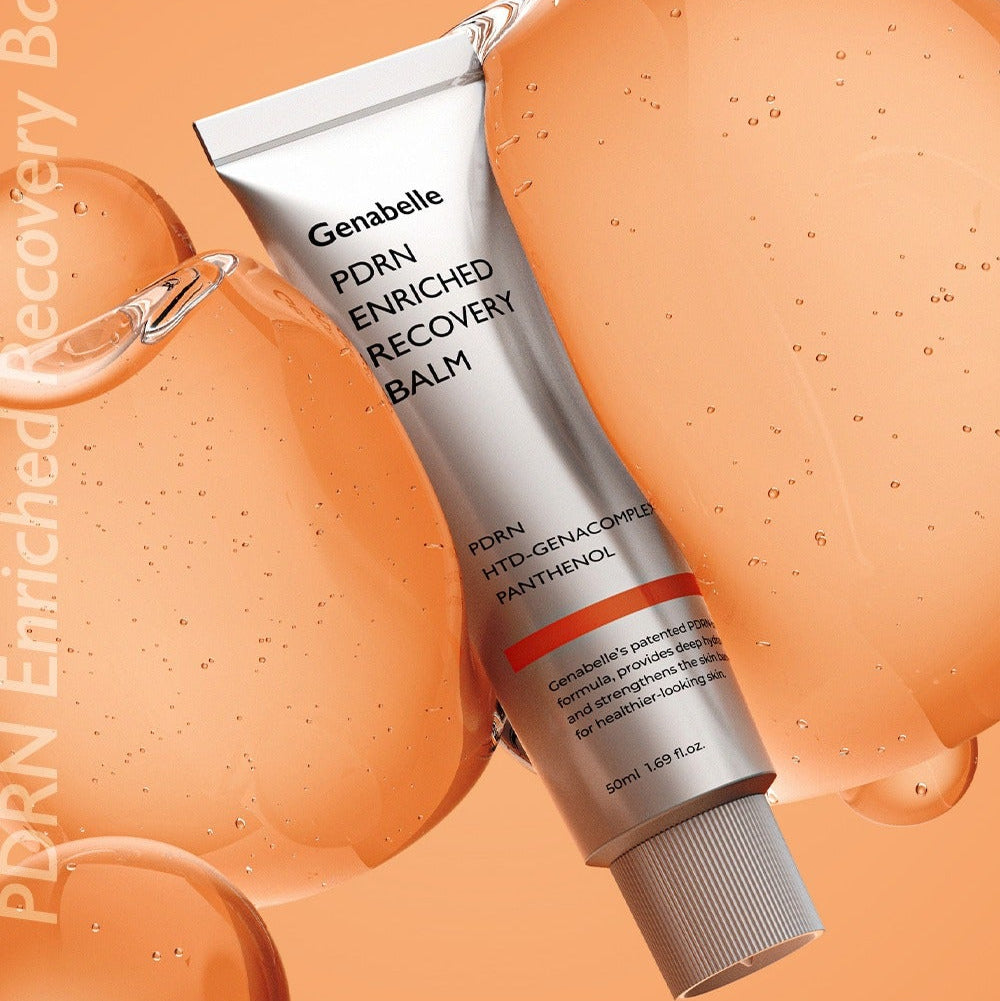 GENABELLE PDRN Enriched Recovery Balm 50ml with orange background and bubbles, showcasing the product packaging.