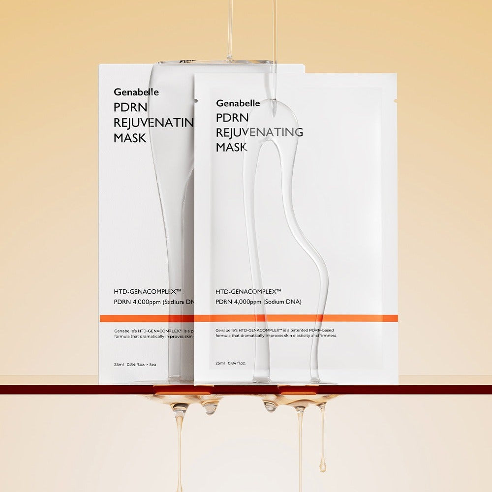 GENABELLE PDRN Rejuvenating Mask 5ea packages on a display with a beige background