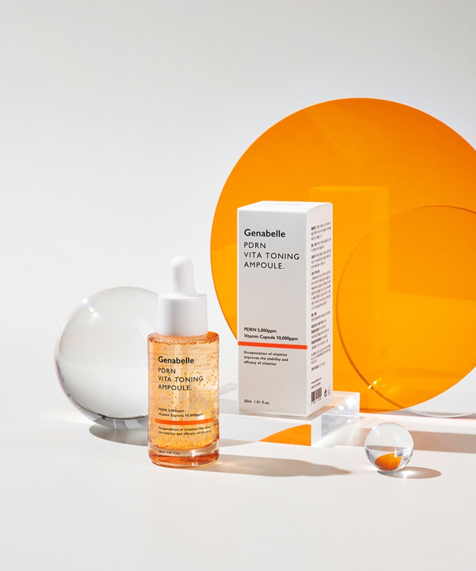 GENABELLE PDRN Vita Toning Ampoule 30ml with packaging, featuring vibrant orange background and geometric shapes.