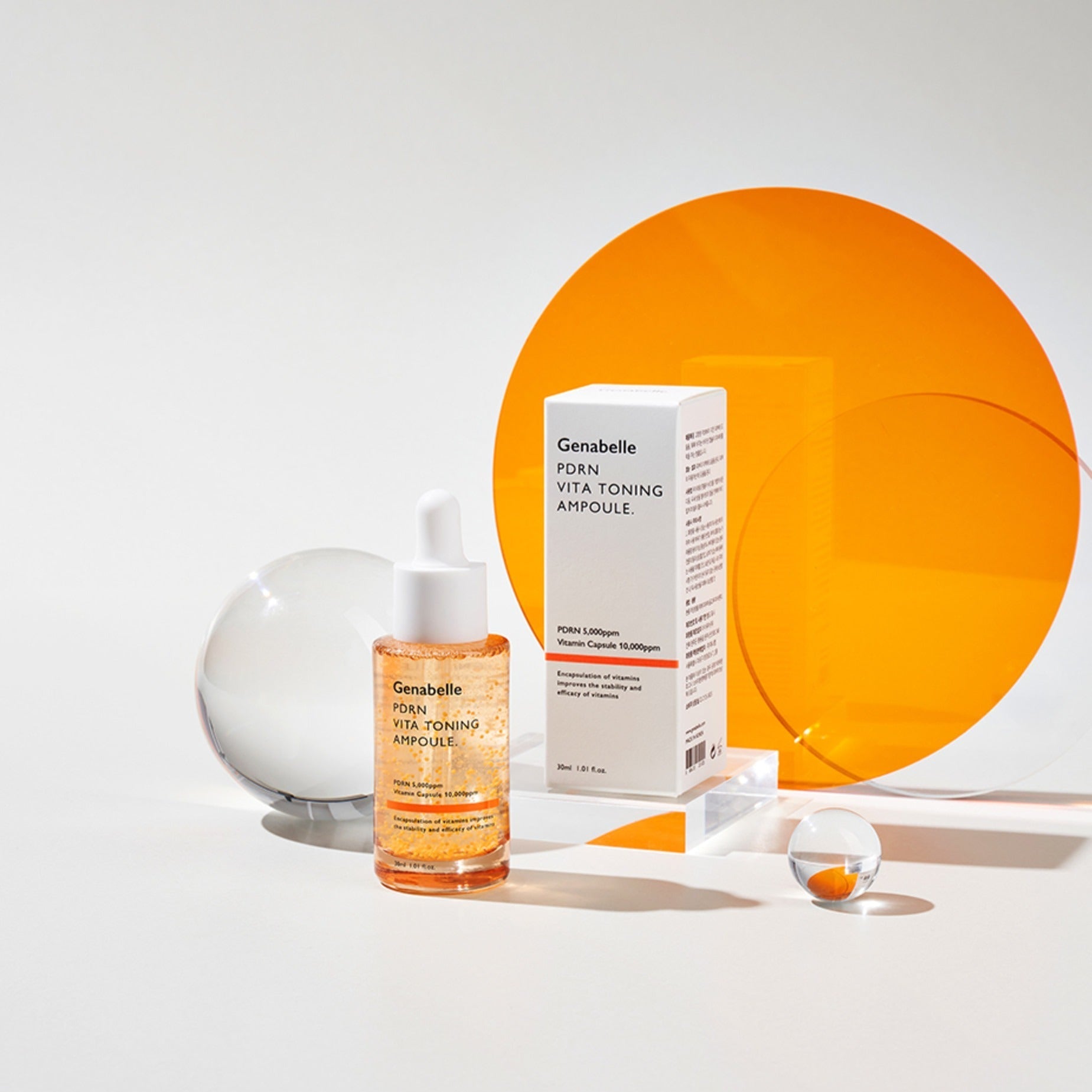 GENABELLE PDRN Vita Toning Ampoule 30ml with packaging, featuring vibrant orange background and geometric shapes.