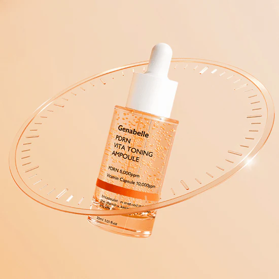 GENABELLE PDRN Vita Toning Ampoule 30ml with vitamin capsules in a transparent bottle against a peach background
