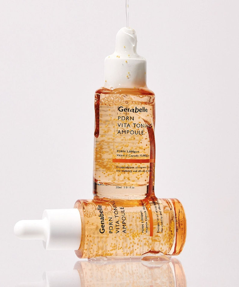 GENABELLE PDRN Vita Toning Ampoule 70ml bottles displayed with clear, reflective surface, highlighting the product's premium quality and design.