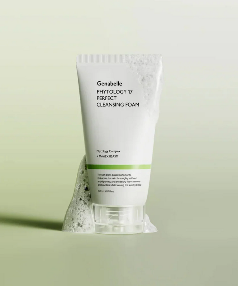GENABELLE Phytology 17 Perfect Cleansing Foam 150ml in a white tube with foamy texture background.