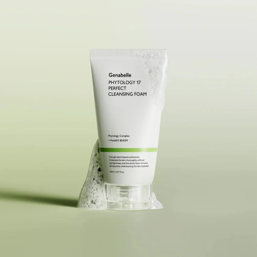 GENABELLE Phytology 17 Perfect Cleansing Foam 150ml in a white tube with foamy texture background.