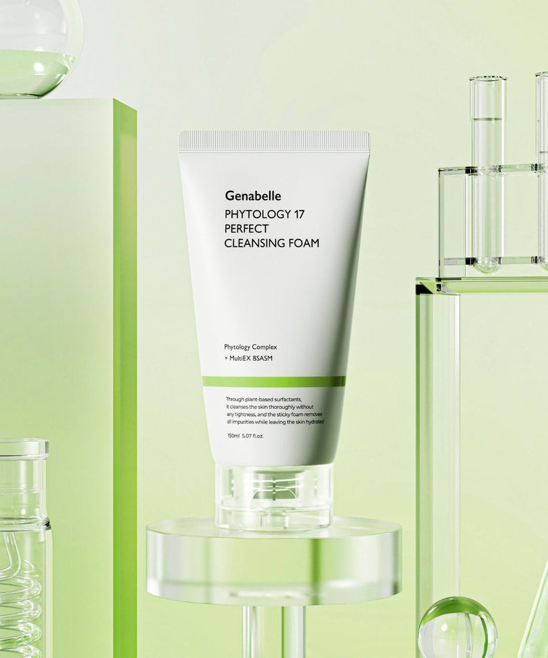 GENABELLE Phytology 17 Perfect Cleansing Foam 150ml displayed with laboratory glassware on a green theme background.
