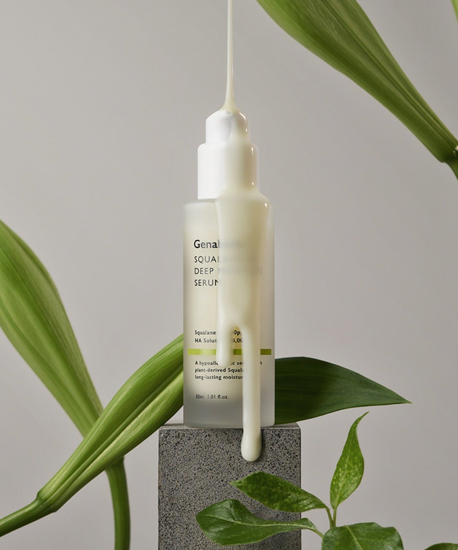 GENABELLE Squalane 53 Deep Moisture Serum 30ml bottle with plants, showcasing luxurious hydration properties.