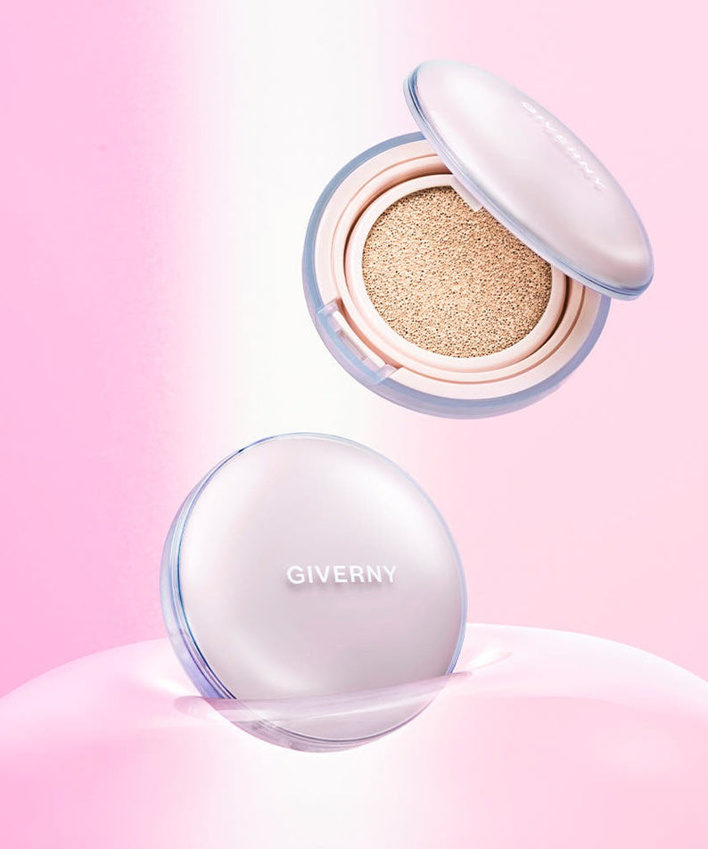 GIVERNY Dewy Glassy Cushion 13gX2 (Main Product + Refill) (SPF 50+ PA+++) against a soft pink background