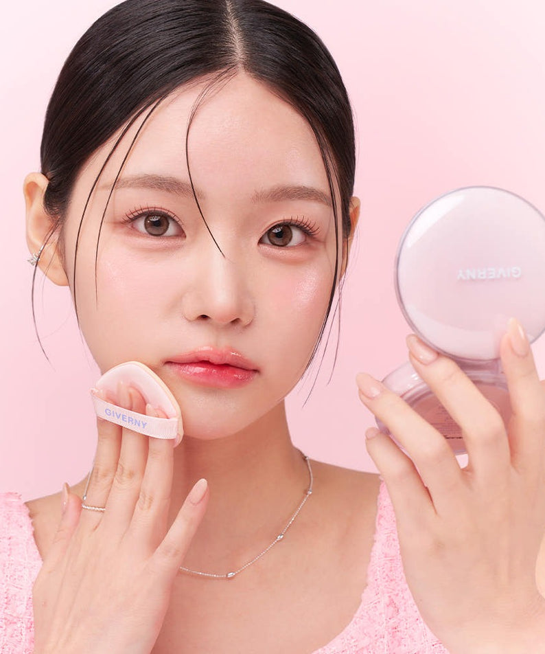 Woman applying GIVERNY Dewy Glassy Cushion 13gX2 (Main Product + Refill) (SPF 50+ PA+++) for flawless skin with cushioned puff