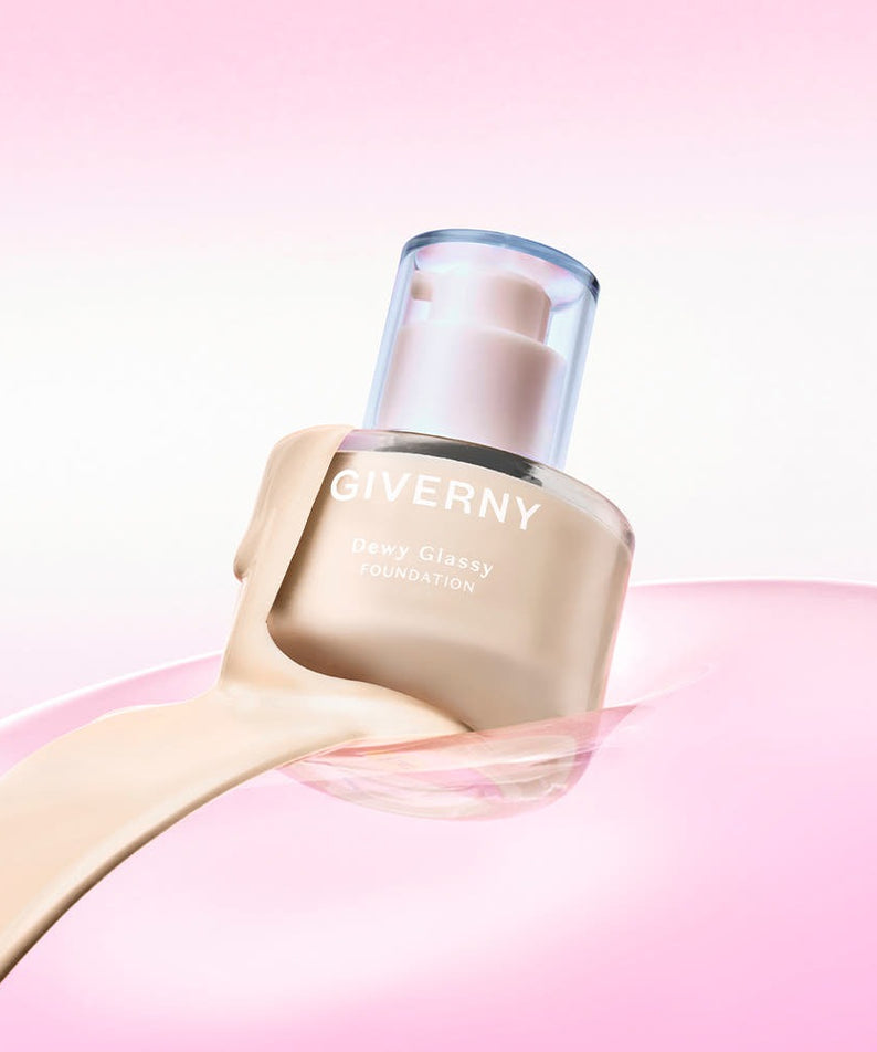 GIVERNY Dewy Glassy Foundation 30ml (SPF38, PA++) in pink and beige tones, elegant and smooth finish for radiant skin.