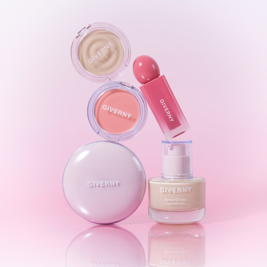 GIVERNY Dewy Glassy Foundation 30ml (SPF38, PA++) with makeup collection on pink background