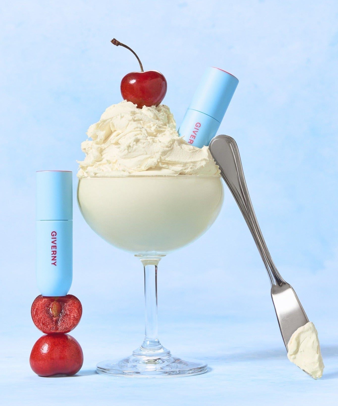 GIVERNY Fluffy Sheer Tint 3.5g displayed creatively with whipped cream and cherry, focusing on luxurious lip color presentation.