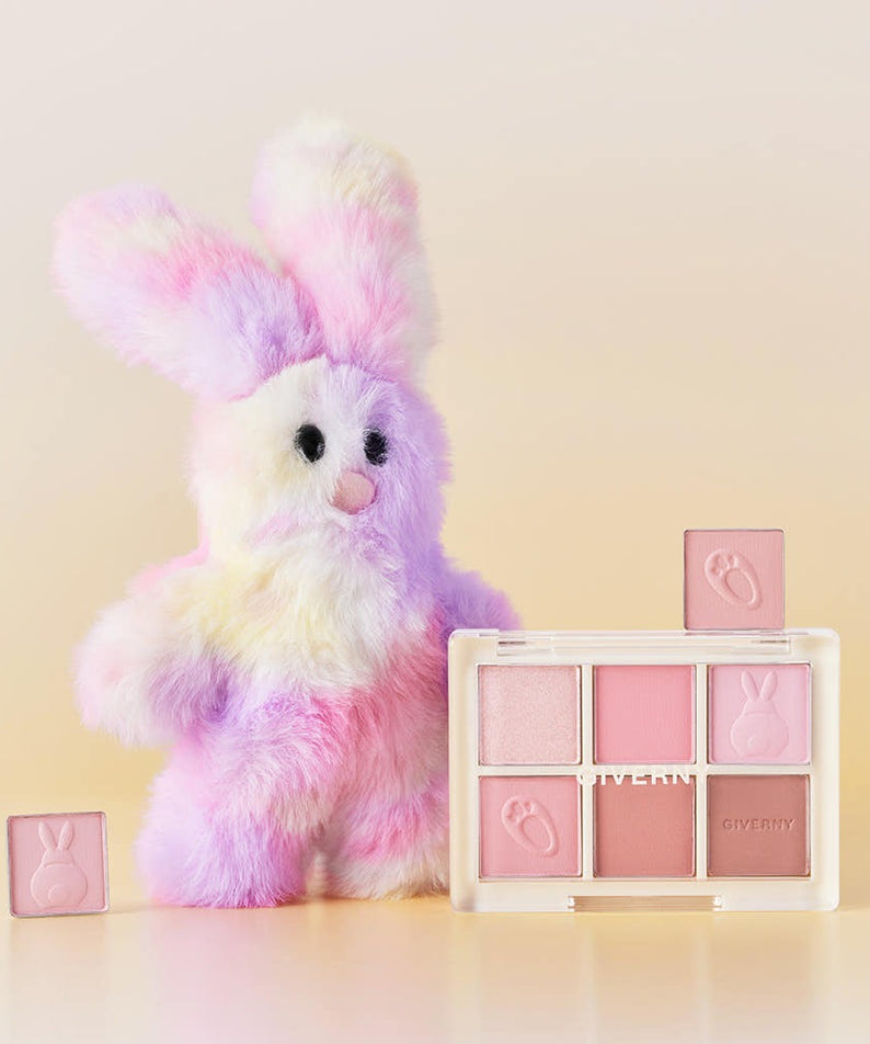 GIVERNY Soft Eye Palette 6-Color 5g (3 Colors) with a playful pastel stuffed bunny in the background.