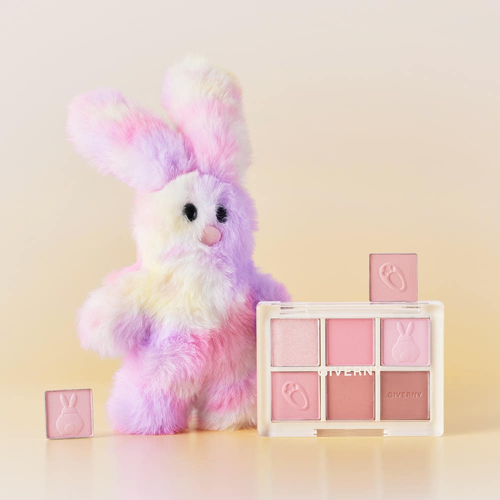 GIVERNY Soft Eye Palette 6-Color 5g (3 Colors) with a playful pastel stuffed bunny in the background.