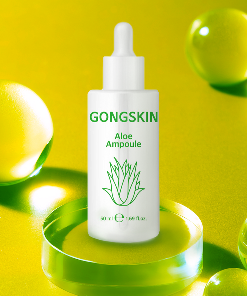 GONGSKIN Aloe Ampoule 50ml product image showing the ampoule on a vibrant green background, emphasizing its aloe-based formulation.