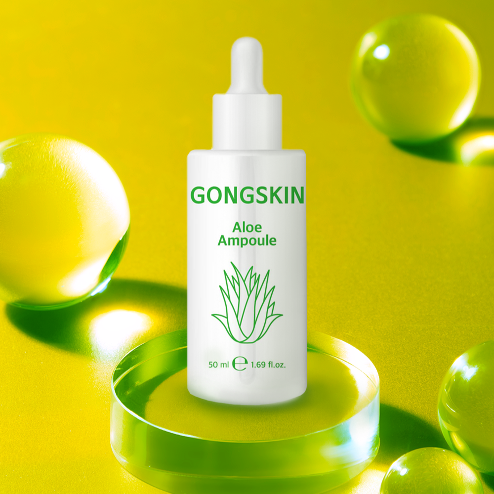 GONGSKIN Aloe Ampoule 50ml product image showing the ampoule on a vibrant green background, emphasizing its aloe-based formulation.