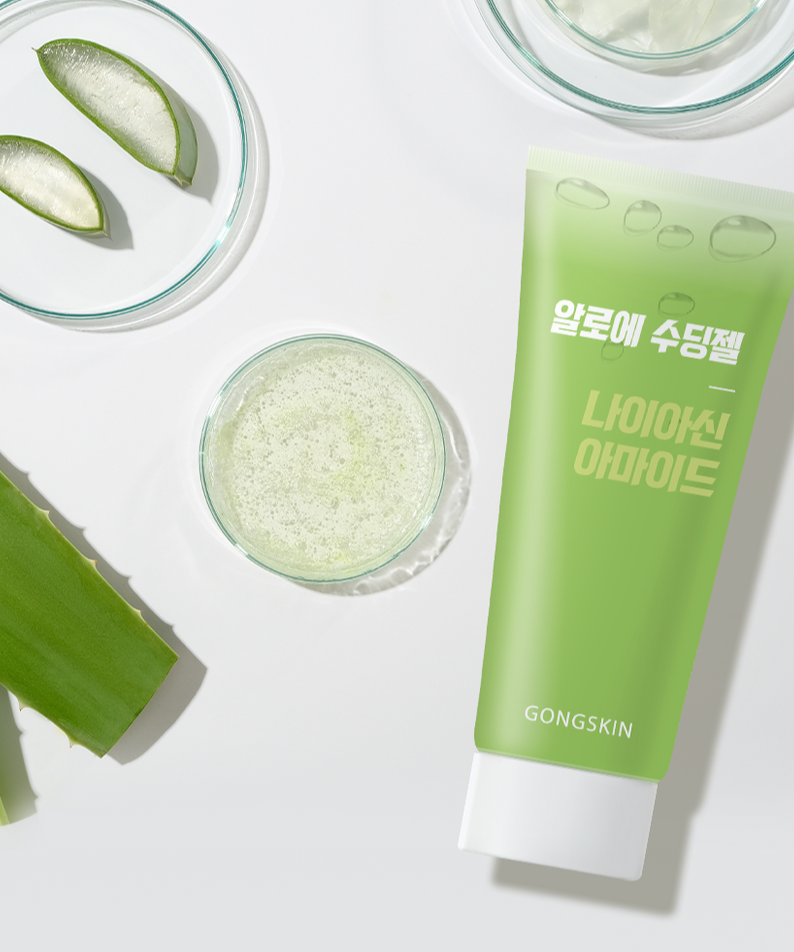 GONGSKIN Aloe Niacinamide Massage Soothing Gel 100ml with aloe slices and gel in bowls, soothing skincare product image
