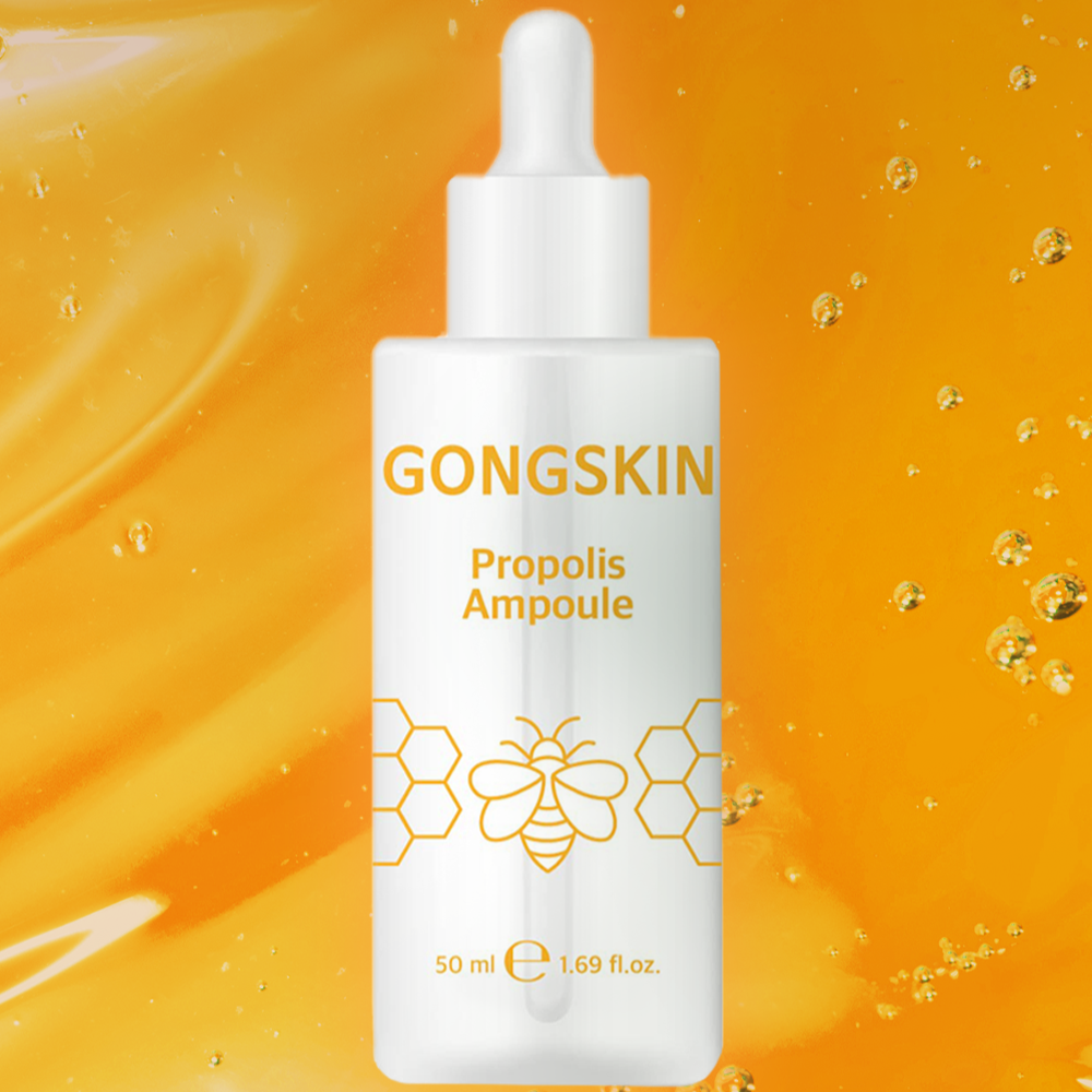 GONGSKIN Propolis Ampoule 50ml skincare product in front of an orange background with honeycomb design details on the bottle.