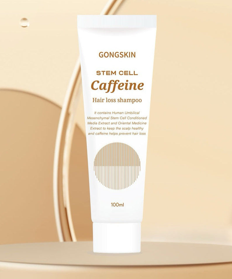 GONGSKIN Stem Cell Caffeine Summer Hair Loss Shampoo 100ml bottle on a beige background promotes hair health and prevents hair loss.