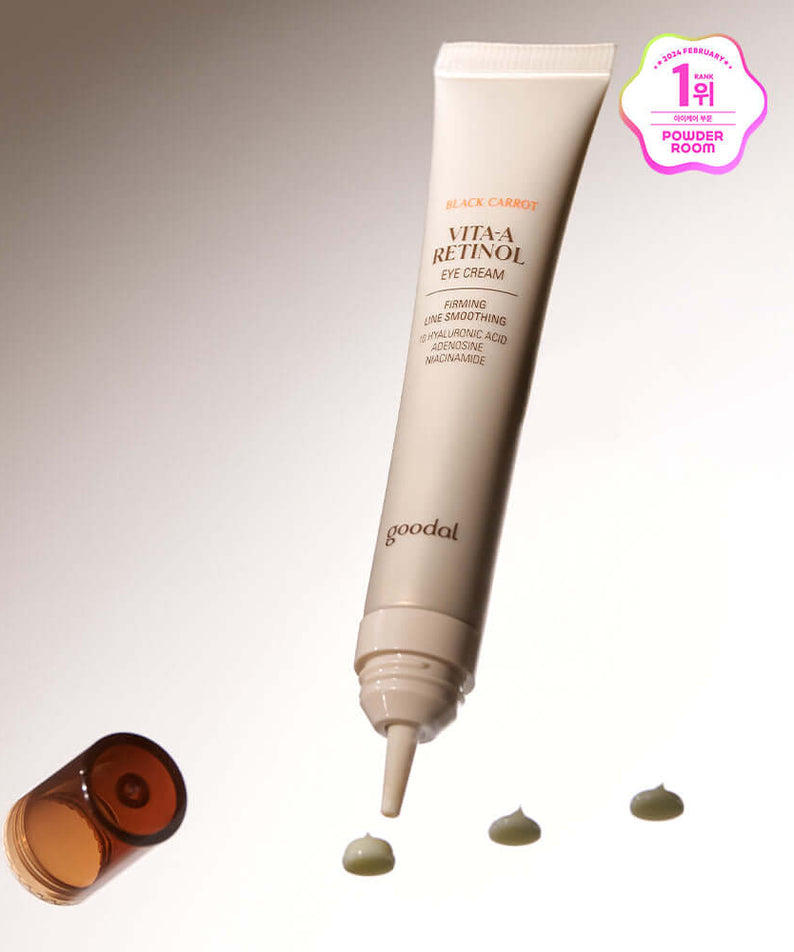 GOODAL Black Carrot Vita A Retinol Eye Cream 30ml in tube with cream drops and brown cap