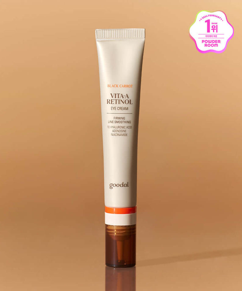 GOODAL Black Carrot Vita A Retinol Eye Cream 30ml on a brown background, showcasing the product tube with packaging details.