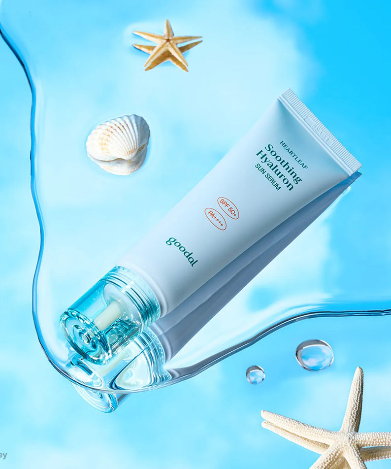 GOODAL Eoseongcho Hyaluronic Acid Sun Serum 50ml with aquatic and seaside elements for skincare protection in summer.