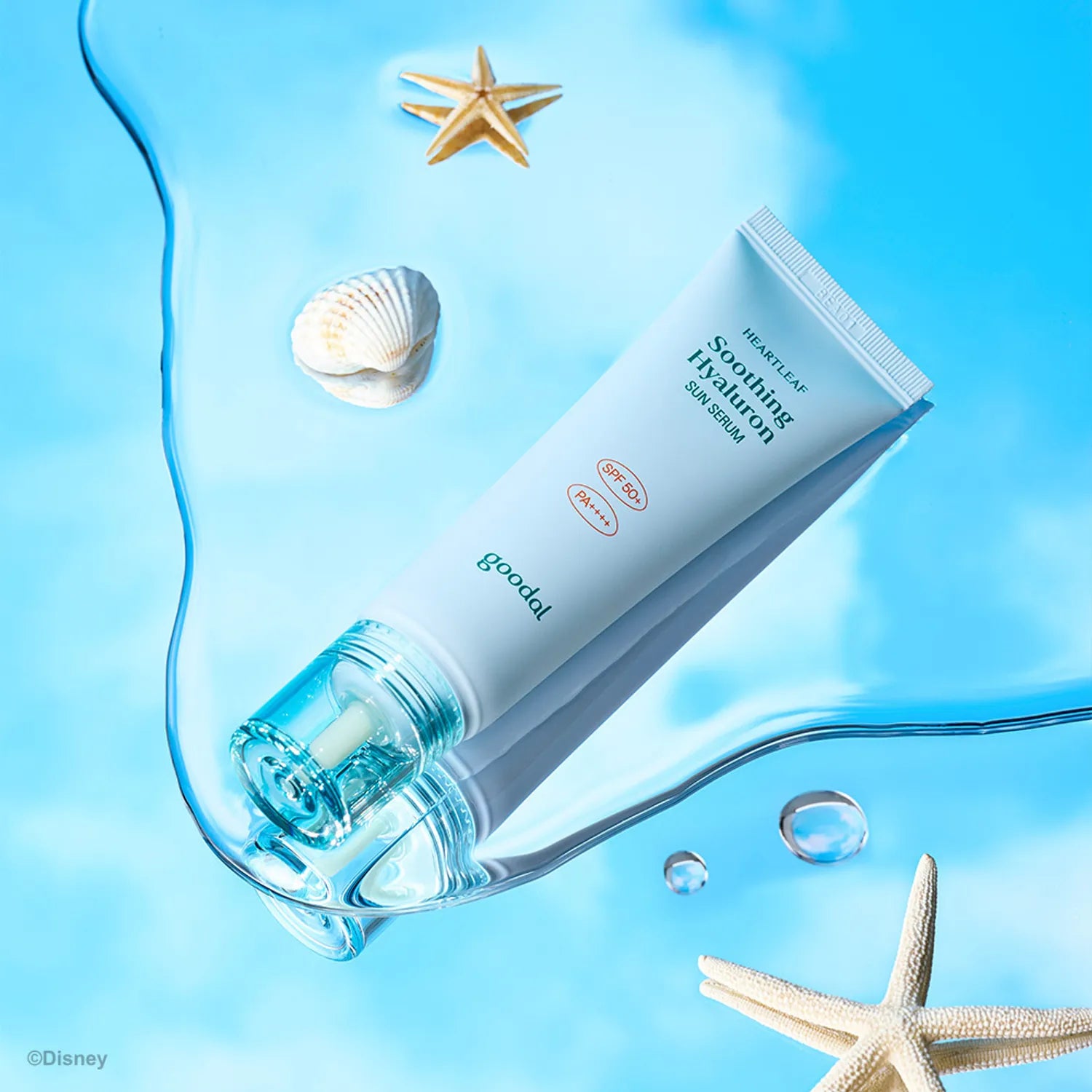 GOODAL Eoseongcho Hyaluronic Acid Sun Serum 50ml with aquatic and seaside elements for skincare protection in summer.