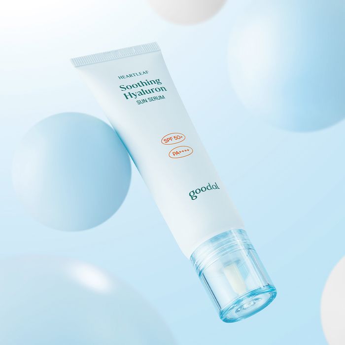 GOODAL Eoseongcho Hyaluronic Acid Sun Serum 50ml product image with calming blue background.