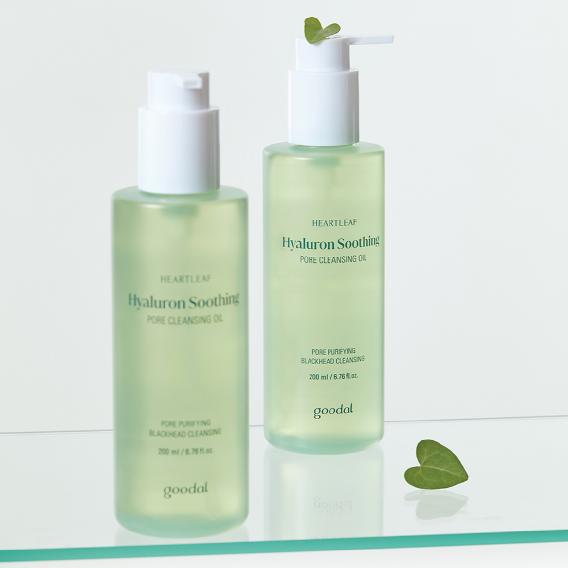 GOODAL Eoseongcho Hyaluronic Soothing Pore Cleansing Oil 200ml bottles displayed with green leaves
