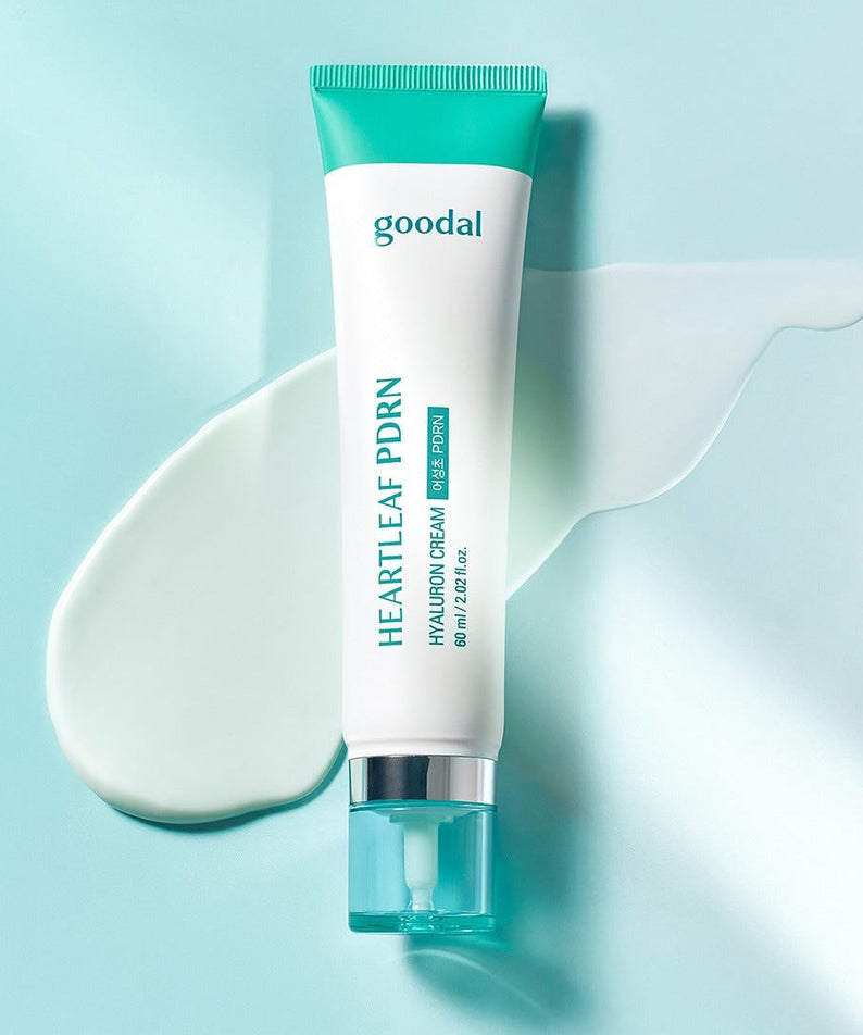 GOODAL Eoseongcho PDRN Hyaluronic Acid Brightening Cream 60ml tube on blue background with cream swatch