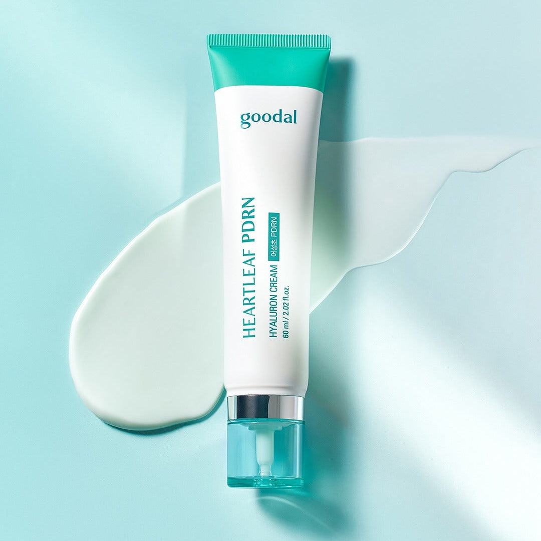 GOODAL Eoseongcho PDRN Hyaluronic Acid Brightening Cream 60ml tube on blue background with cream swatch