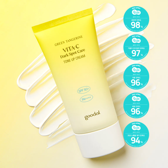 GOODAL Green Tangerine Vita C Dark Spot Care Tone Up Cream 50ml with skincare benefits, SPF protection, and customer satisfaction ratings.