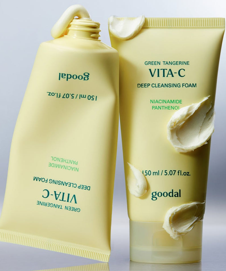 GOODAL Green Tangerine Vita C Deep Cleansing Foam 150ml product tubes with cream texture on display.