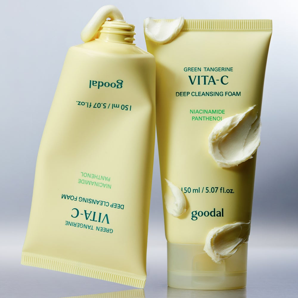 GOODAL Green Tangerine Vita C Deep Cleansing Foam 150ml product tubes with cream texture on display.