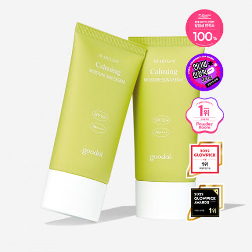 GOODAL Heartleaf Calming Sun Cream 50ml with awards and product certifications.