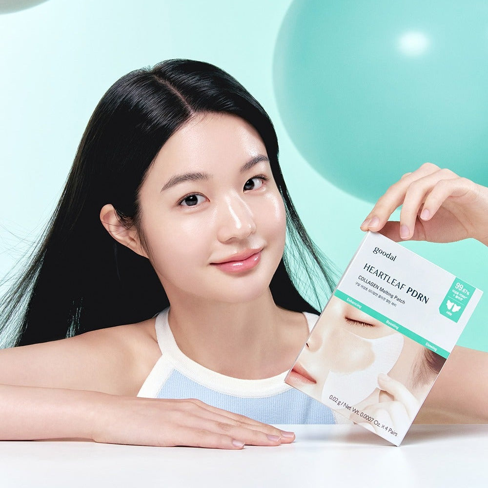 GOODAL Heartleaf PDRN Collagen Melting Patch (4 sheets) shown with woman holding the product and smiling.