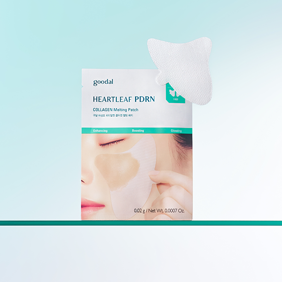 GOODAL Heartleaf PDRN Collagen Melting Patch (4 sheets) packaging and patch displayed on a light blue background
