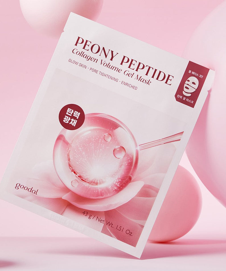 GOODAL Peony Peptide Collagen Volume Gel Mask packaging with pink and white design.