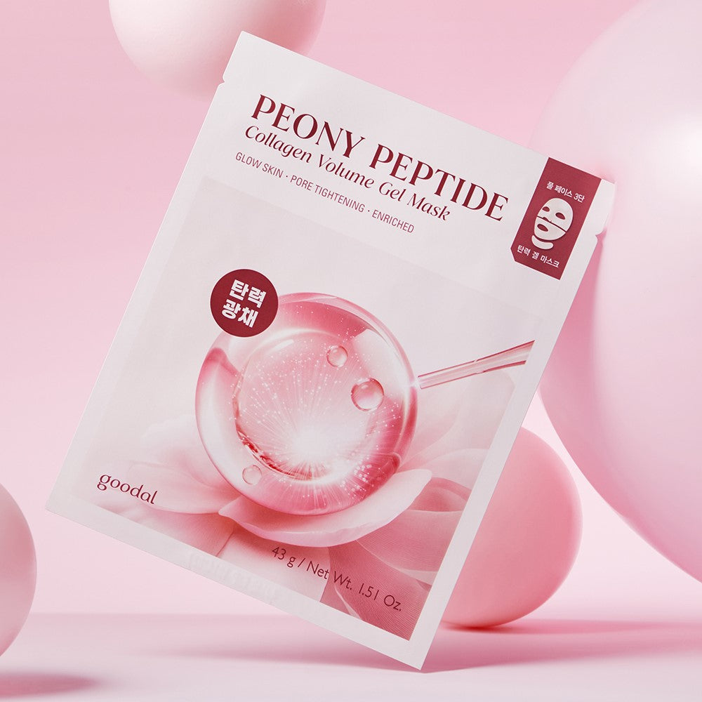 GOODAL Peony Peptide Collagen Volume Gel Mask packaging with pink and white design.